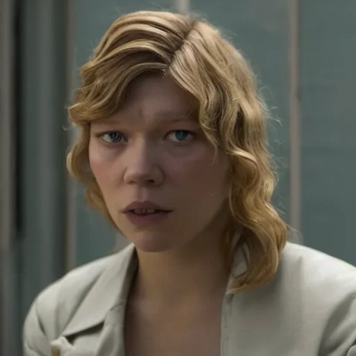 Image similar to A movie still of Lea Seydoux as a prison guard in a french prison in a Wes Anderson Movie, Wes Anderson directing