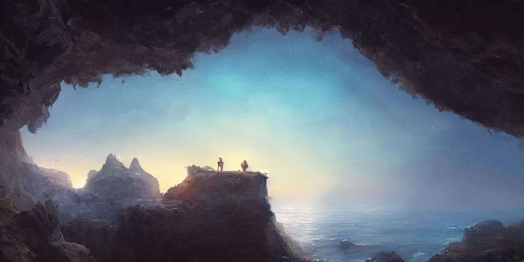 Prompt: a cavern on the edge of a cliff overlooking the ocean at night by Jessica Rossier, trending on artstation
