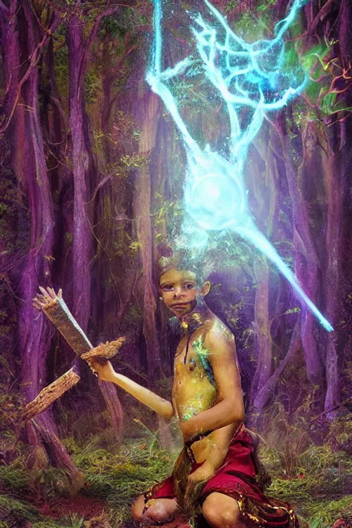 Image similar to photorealistic photo of an aztec sorcerer casting a powerful spell in a dark forest, by lilia alvarado, lilia alvarado art,