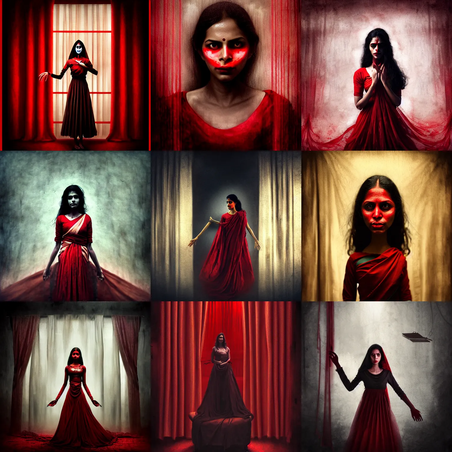 Prompt: strings puppet as Malavika Mohanan with no mouth behind red curtains by Brooke Shaden, medium shot, intricate, dystopian, sci-fi, extremely detailed, digital painting, artstation, concept art, smooth, sharp focus, illustration, intimidating lighting, incredible art, details visible, very dark ambiance