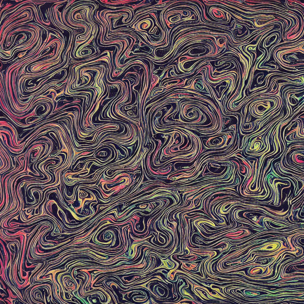 Image similar to topo camo, swirls, technical, acrylic, teeth, death metal, eerie, tribal, clay, dotting, lines, stipple, points, cybernetic, style of old painting, francis bacon art, sleep paralysis, hypnosis, eerie, terror, oil, neon, color splotches, colorful dots, ominous, abstract