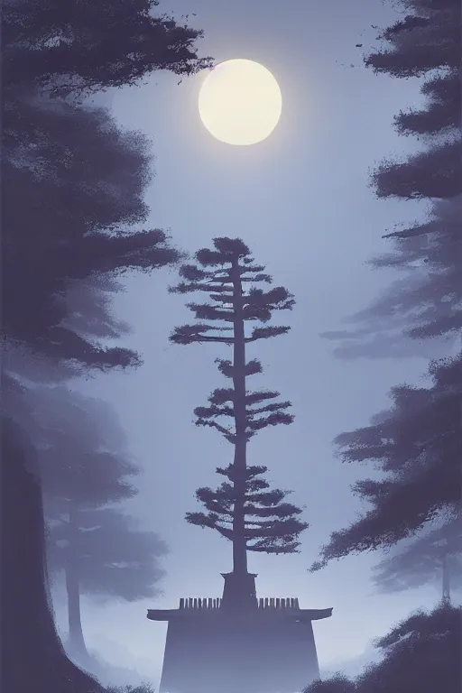 Image similar to Japanese Torii in a moutain with trees ,night , by Grzegorz Rutkowski, concept art