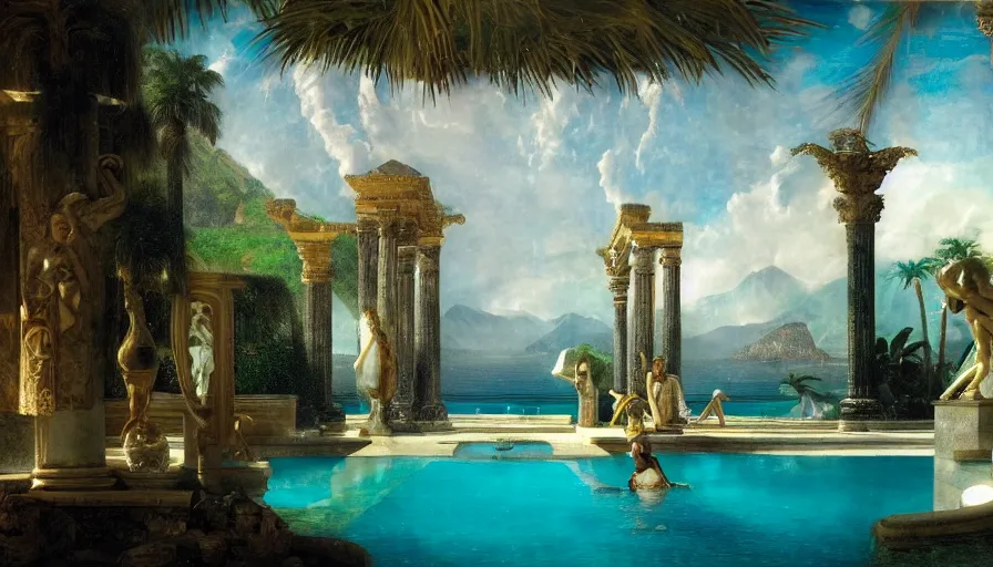 Image similar to A pool inside the giant Palace, mediterranean balustrade and columns, refracted lines and sparkles, thunderstorm, greek pool, beach and Tropical vegetation on the background major arcana sky and occult symbols, by paul delaroche, hyperrealistic 4k uhd, award-winning, very detailed paradise