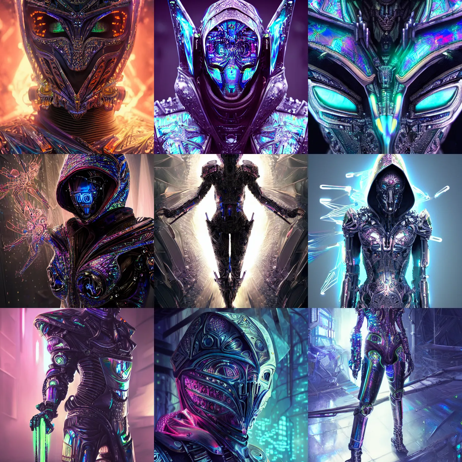 Prompt: Ultra realist and ultra intricate detailed painting of an powerful hooded armor iridescent elite assassin, human face biomechanical complex body, 3D render, symmetry, rich style, glowing iridescent sparks and smoke behind, crystallic cyberpunk megastructure background, artstation, colorful, badass, dark ominous stealth, unreal render, depth of field
