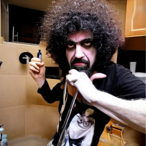 Image similar to caparezza in bis bathroom drinking bleach, reporter photo, realistic, funny