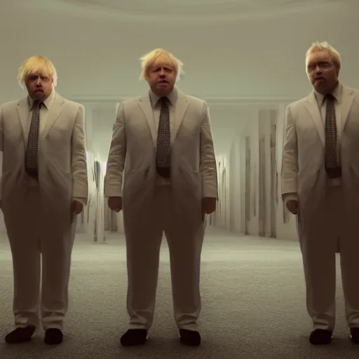 Prompt: Boris Johnson in Human Centipede movie, realistic artstyle, wide shot, dramatic lighting, octane render, hyperrealistic, high quality, highly detailed, HD, beautiful, cinematic, 8k, unreal engine, facial accuracy, symmetrical