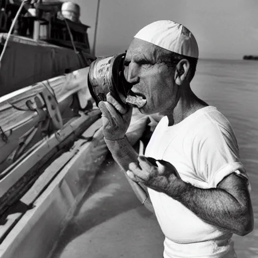 Prompt: a real life popeye the sailor crushing a can of spinach