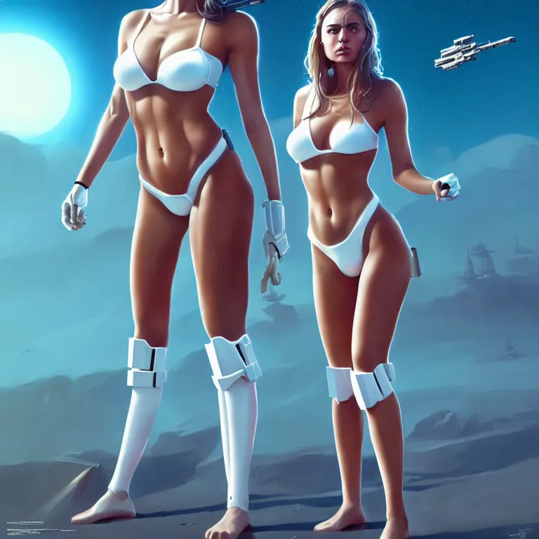 Prompt: a sexy female stormtrooper in white bikini, stormtrooper - helmet, sexy pose, detailed digital matte painting in the style of simon stalenhag and bev dolittle zdzisław beksinski, greg hildebrandt artstation, psychedelic