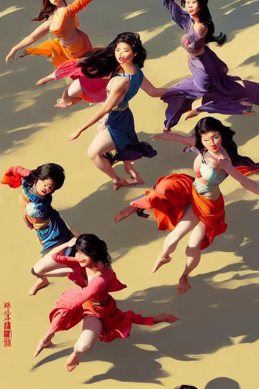 Image similar to greg manchess top angle shot of group of asian females dancing, organic painting, sunny day, matte painting, bold shapes, hard edges, street art, trending on artstation, by huang guangjian and ail elvgren and sachin teng, 8 k, high detail, fantasy art, dnd, artstation,