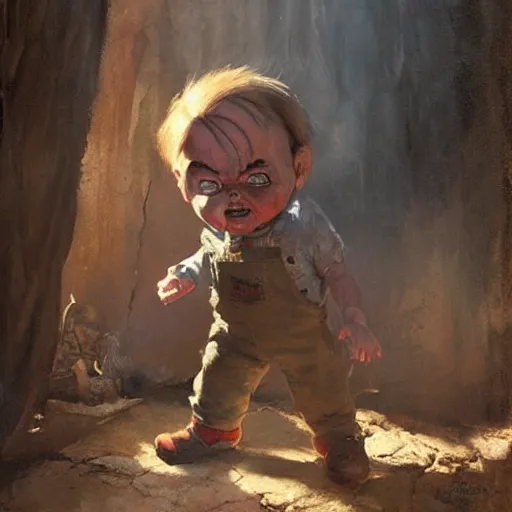 Image similar to the doll chucky playing this role of indiana jones, oil painting, by greg rutkowski