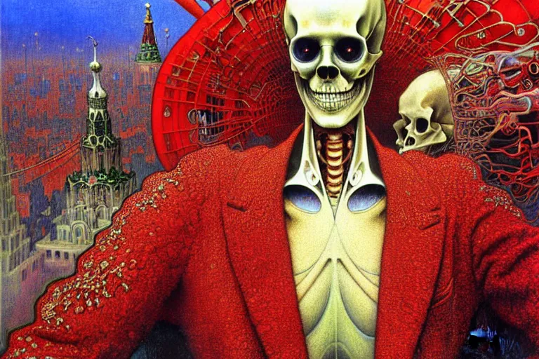 Prompt: realistic detailed closeup portrait painting of a single skeleton wearing red velvet blazer in a crowded futuristic moscow street by Jean Delville, Amano, Yves Tanguy, Alphonse Mucha, Ernst Haeckel, Edward Robert Hughes, Roger Dean, rich moody colours, blue eyes