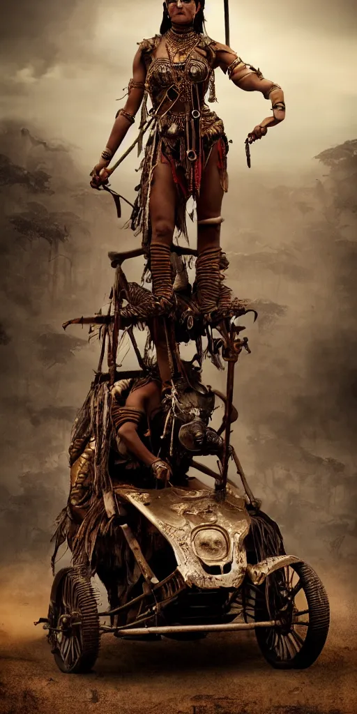 Prompt: vertical movie frame with ancient indian female standing on steam punk buggy, hunt, armor inspired by apocalypto and fashion, strong blooded body, brutal blooded sluty symmetrical face, epic, award winning, establishing shot, extremely high detail, photorealistic, brutal, provocative, octane render, editorial, extreme sports photography