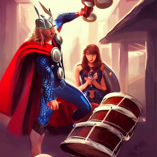 Image similar to thor playing the bongos, comic style by guweiz and stanley artgerm, extremely high quality artwork, very detailed, trending on artstation