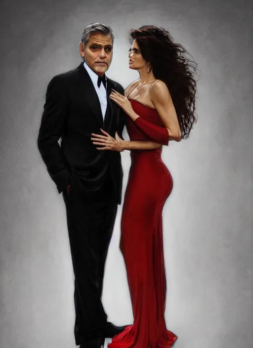 Image similar to george clooney wearing a formal black suit and kim basinger wearing a red dress in love hugging each other, highly detailed, focus stacked, candid portrait, art by artgerm and greg rutkowski and alphonse mucha