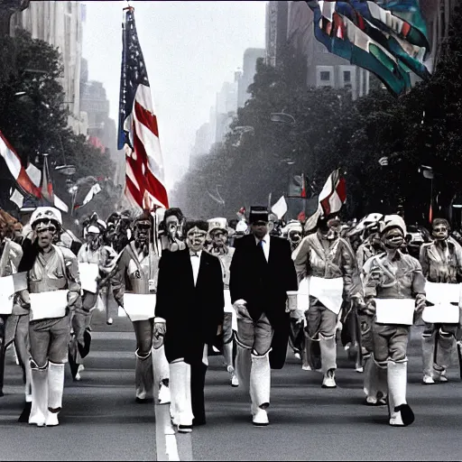 Image similar to Communis States of America, alternate history, Comrade Ronald Reagan, Premier Reagan, USSA, 1987, communist America, military parade, 5th Avenue parade