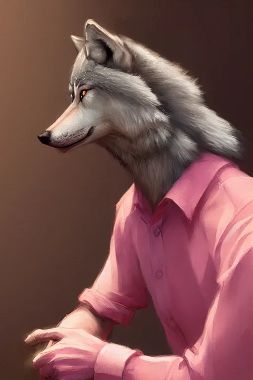 Image similar to realistic antropomorphic wolf wearing pink shirt and smoking cigarette, digital painting, artstation, concept art, smooth, sharp focus, illustration, art by artgerm, james jean, jean giraud, edward hopper, gaston bussiere and greg rutkowski