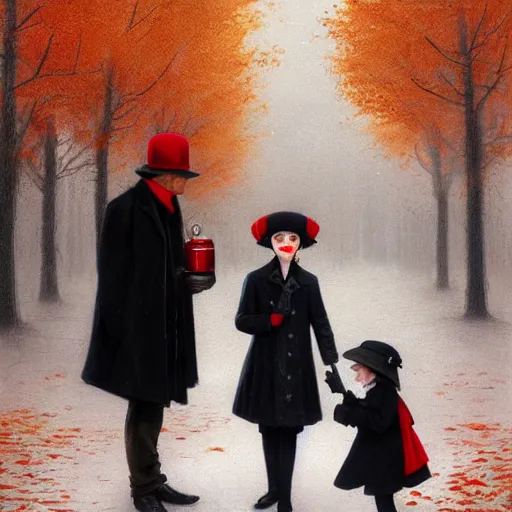 Image similar to a highly detailed epic cinematic concept art, a thin man in a black coat and bowler hat talks with small young girl who is dressed in a red coat and a red hat, park, autumn, 1923, wide angle, high detail, in style of Greg Rutkowski, width 768