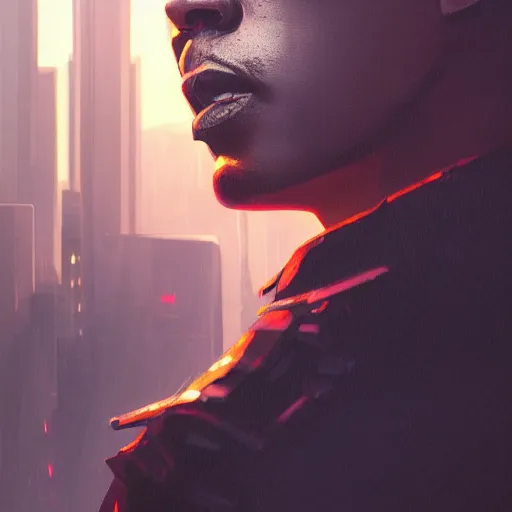 Image similar to cyberpunk, closeup portrait of a juice wrld, dramatic light, city background, sunset, dystopian setting, high contrast, sharp, neuromancer, henry dorsett case, painted by stanley lau, painted by greg rutkowski, painted by stanley artgerm, digital art, trending on artstation