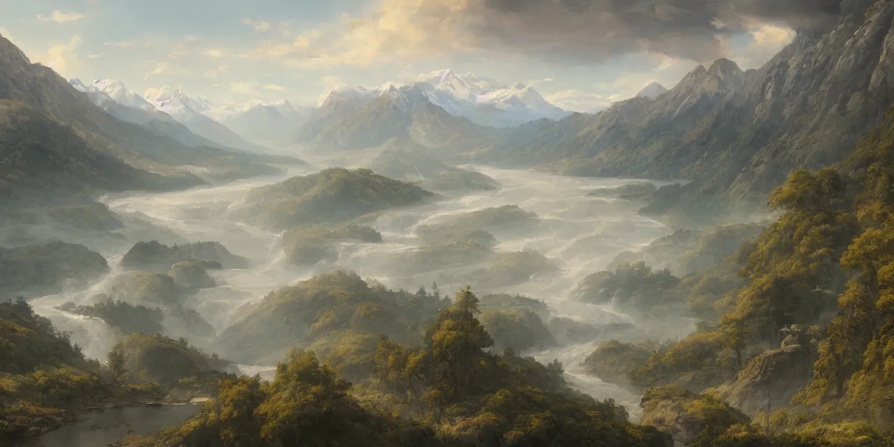 Prompt: a beautiful painting of a scene about a panorama of rivers and mountains, by yuumei and james jean, trending on artstation., ultrawide viewn and highly detailed matte painting