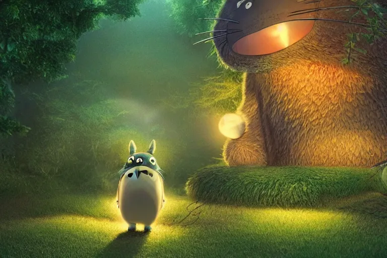 Image similar to my neighbor totoro ( 1 9 8 8 ), hyper realistic, ambient lighting, concept art, intricate, hyper detailed, smooth, dynamic volumetric lighting, octane, raytrace, cinematic, high quality, high resolution, 4 k