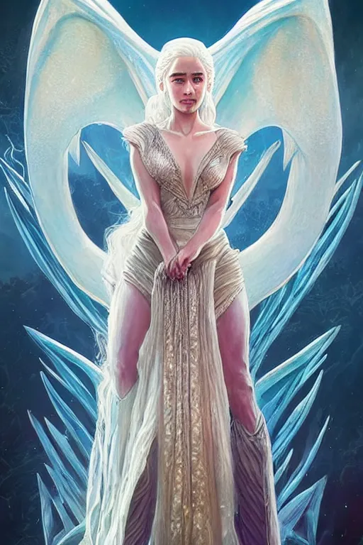 Image similar to beautiful, ethereal daenerys targaryen ( khaleesi ) portrait, art deco, fantasy, intricate art deco dragon designs, elegant, highly detailed burning background, sharp focus, game of thrones art by artgerm and beeple and greg rutkowski and wlop