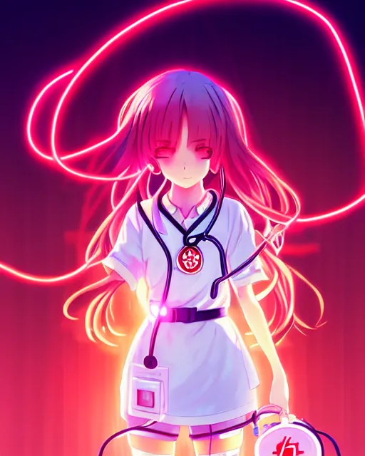 Image similar to anime style, vivid, expressive, full body, 4 k, painting, a cute magical girl with a long wavy hair wearing a nurse outfit, stunning, realistic light and shadow effects, neon lights, centered, simple background, studio ghibly makoto shinkai yuji yamaguchi