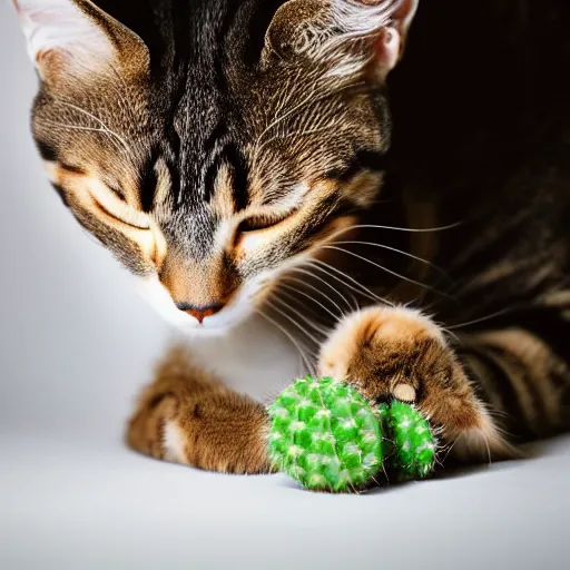 Prompt: A photograph of a cat licking a cactus, close view, studio lighting, DSLR, bokeh