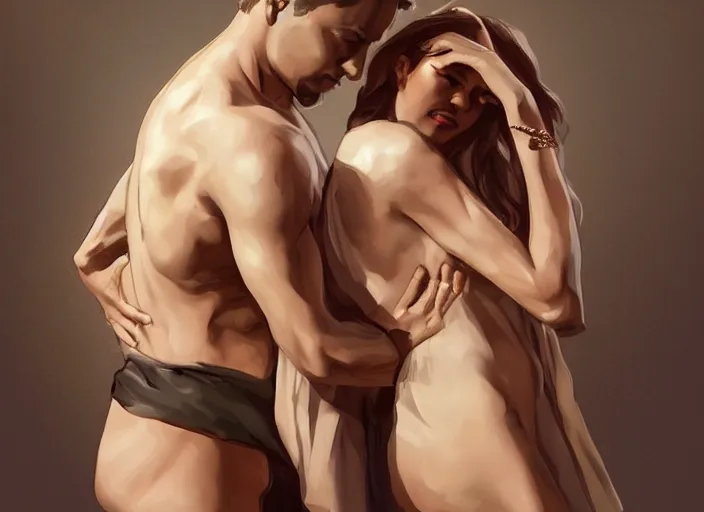 Image similar to man and woman in pose of couple vol 2 photo reference pack for artists, spirit hugs, gold trim, atmoshperic, elegant, sharp focus, huge lips, poses by satine zillah, environment by hw 6 5 2 3, art by ilya ozornin, artstation, intricate details, concept art