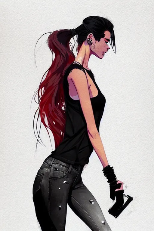 Image similar to a ultradetailed beautiful full body painting of a stylish woman with a ponytail, she is wearing a black tank top and jeans, by conrad roset, greg rutkowski and makoto shinkai trending on artstation