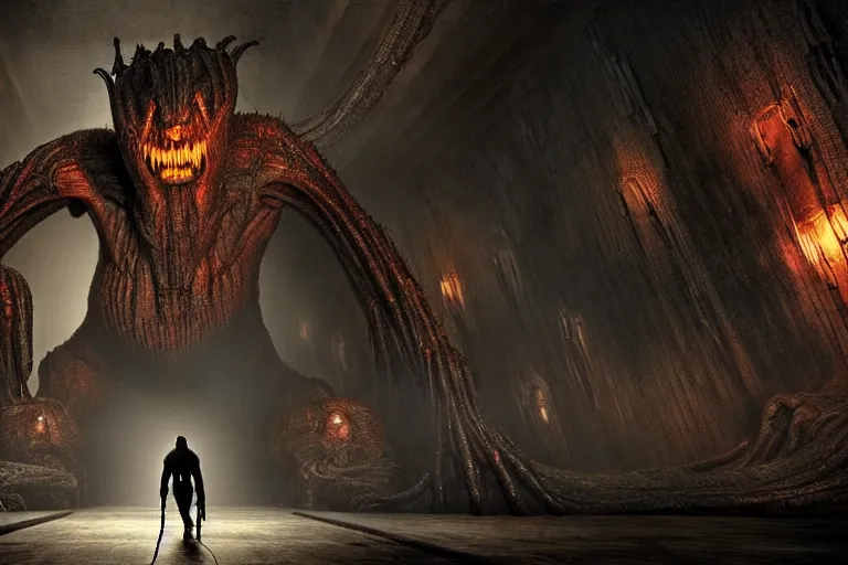 Image similar to hulking balrog approaching from the far end of a great hall in moria, style of h. r. giger, realistic movie still, cinematic, cgi,