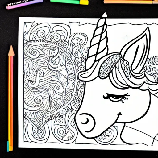 Prompt: unicorn, children's coloring book, black and white