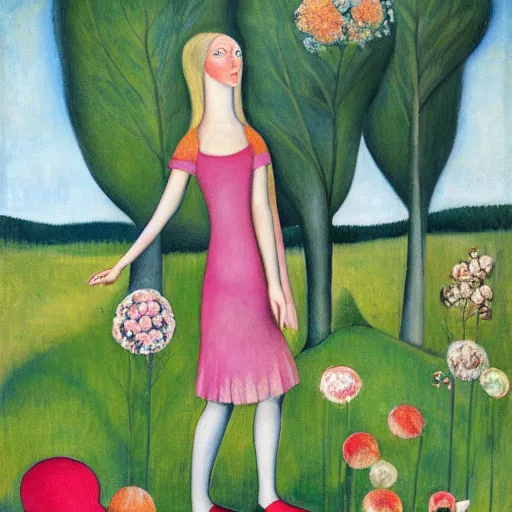 Image similar to moonstone earthy by boris grigoriev. a land art of a young girl with blonde hair, blue eyes, & a pink dress. she is standing in a meadow with flowers & trees.