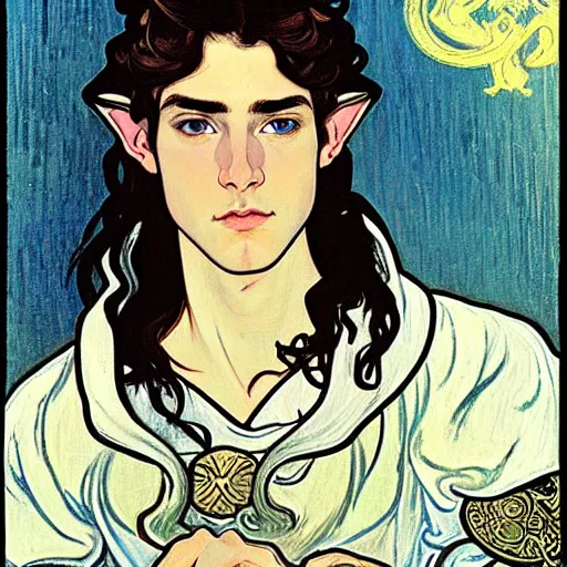 Image similar to portrait painting of young handsome beautiful paladin elf!! man with long! wavy dark hair and blue eyes in his 2 0 s named taehyung minjun james, pale, wearing armor!, gorgeous hair, elf ears, icy eyes, elegant, cute, delicate, soft facial features, art by alphonse mucha, vincent van gogh, egon schiele,