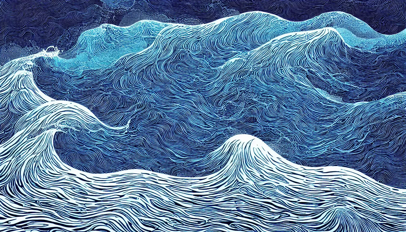 Image similar to minimalist ocean wave by nicolas delort, moebius, victo ngai, josan gonzalez, kilian eng