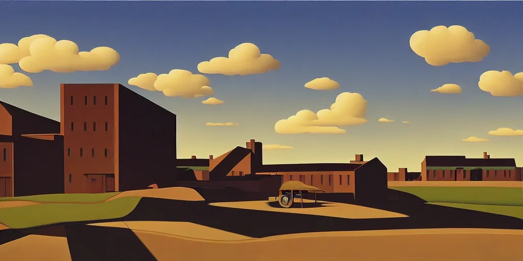 Image similar to factory, blue sky, summer evening, kenton nelson