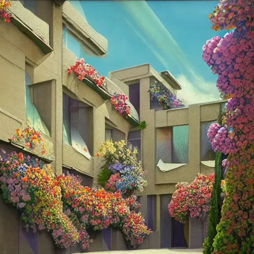 Prompt: a painting of a building surrounded by flowers, a watercolor and matte painting by Beeple and RHADS and maxfield parrish, cgsociety, brutalism, dystopian art, sci-fi, artstation hq