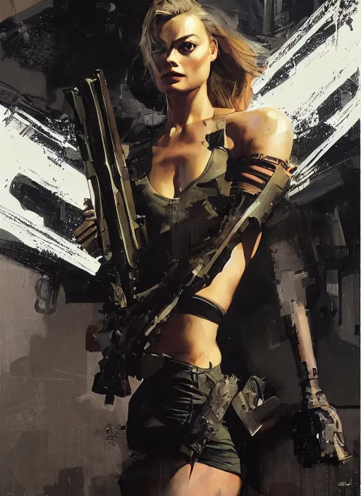 Image similar to Margot Robbie wearing metal gear armor holding ak-47 dramatic lighting art by Yoji Shinkawa by Richard Schmid by greg rutkowski by Sandra Chevrier by Jeremy Lipking cinematic dramatic