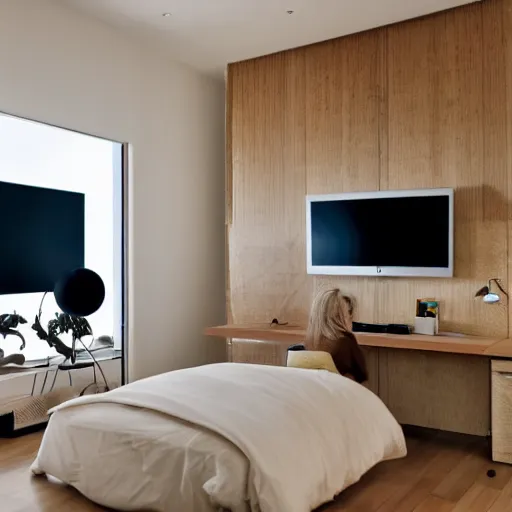 Image similar to photography of beautiful bedroom with a magnificent matte wood desk very modern and luxury, designed by philippe starck, a 2 0'screen on the office. a space with a yoga mat to practice vr with enough space. a tv hanging from the ceiling above a bed to watch tv lying down, concept room, realistic, 8 k, higly detailed.