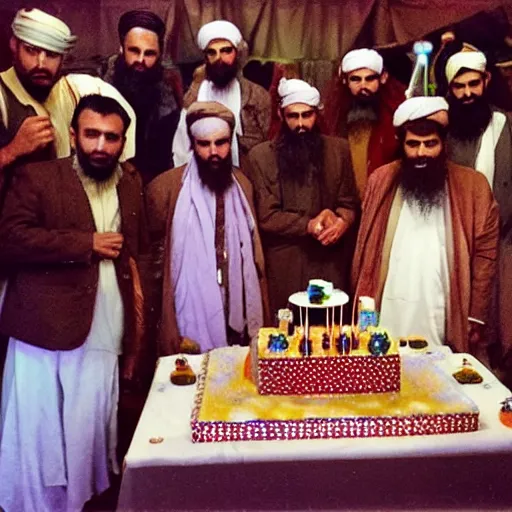 Prompt: color photograph of a festive taliban first anniversary party with cake.