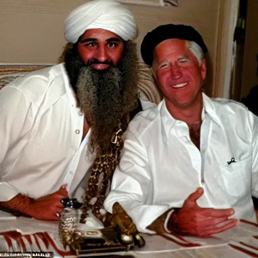 Prompt: ultra realistic candid photograph from osama bin laden with joe biden in bahamas, intricate details, face details