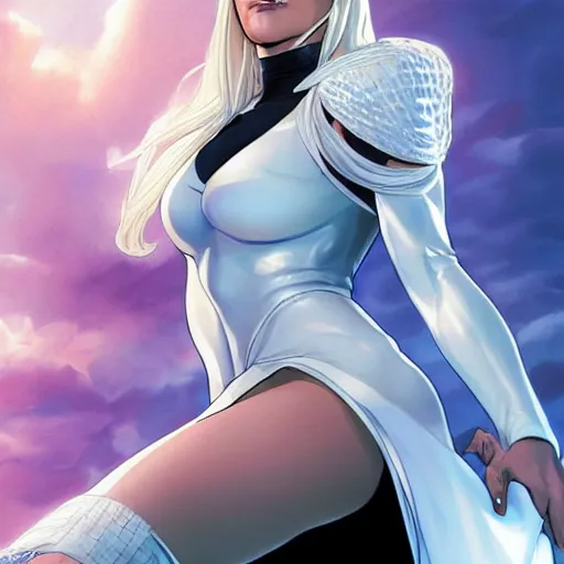 Prompt: portrait of emma frost, a beautiful woman in her 3 0 s with white blonde hair and blue eyes dressed in a fashionable white suit, detailed face, delicate features, smooth, sharp focus, graphic novel, art by artgerm and greg rutkowski and pepe larraz,