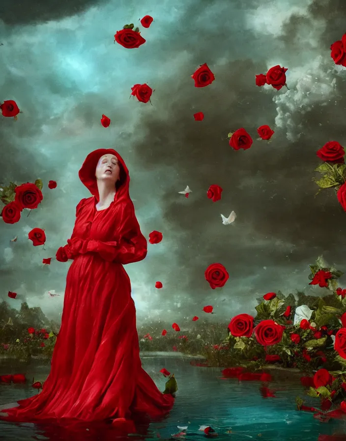 Prompt: a pool of liquid boiling red wax and woman dressed in a red puffy dress, many white birds and roses fly around, a dark background, wide angle, epic, oil painting in a renaissance style , very detailed, halo, octane render, cinematic, hyper realism, octane render, 8k, depth of field, bokeh. iridescent accents. vibrant. teal and gold and red colour scheme