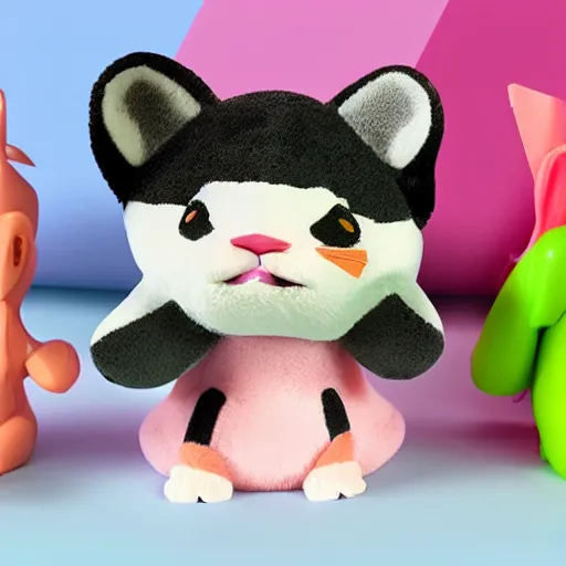 Image similar to some cute plastic toys that look like animal characters that are dressed as other animals, pastel colors