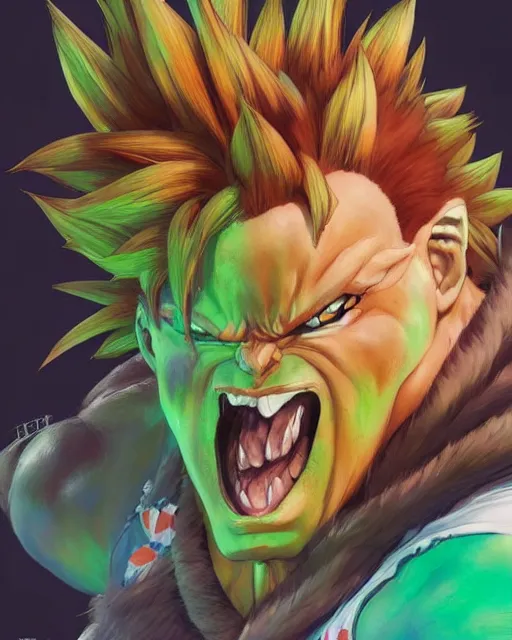 Image similar to An anime portrait of blanka from street fighter , by Stanley Artgerm Lau, WLOP, Rossdraws, James Jean, Andrei Riabovitchev, Marc Simonetti, and Sakimichan, highly detailed, ultra detailed, golden hour, trending on artstation, cgstudio