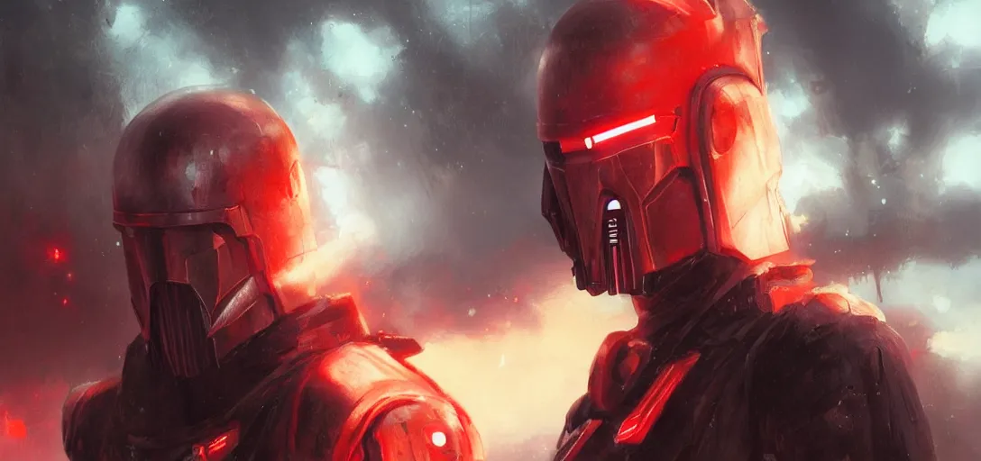 Image similar to bounty hunter android star wars realistic portrait of anime character, detailed eyes, manly face, crimson red aura, digital fantasy, art by greg rutkowski, aesthetic in 8k