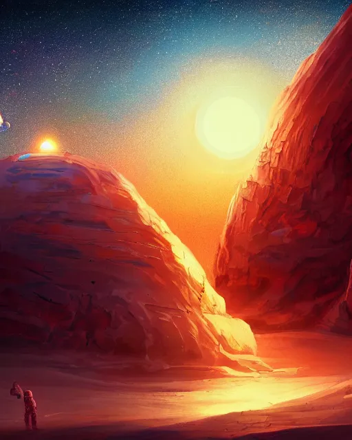 Image similar to ancient space ship, desert planet, cinematic, stars, galaxy, colorful sky, highly detailed, scifi, intricate digital painting, sunset, red glow, illustration, artstation