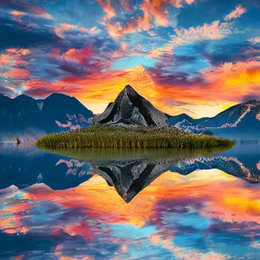 Image similar to photo of two black swans touching heads in a beautiful reflective mountain lake, a colorful hot air balloon is flying above the swans, hot air balloon, intricate, 8k highly professionally detailed, HDR, CGsociety