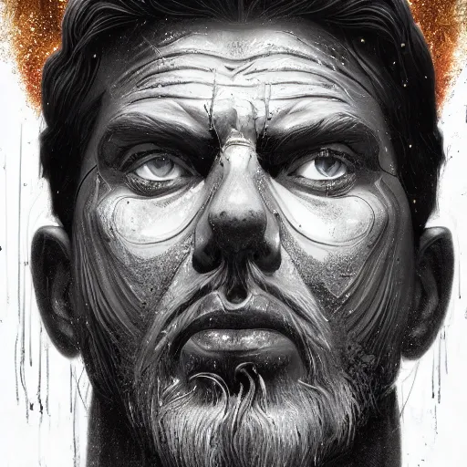 Image similar to melted zeus starring into the camera, fixed eyes, lightning, surreal, dramatic lighting, face, detailed, intricate, elegant, highly detailed, digital painting, artstation,, concept art, smooth, sharp focus, illustration, art by sam spratt, dan mumford, artem demura and alphonse mucha