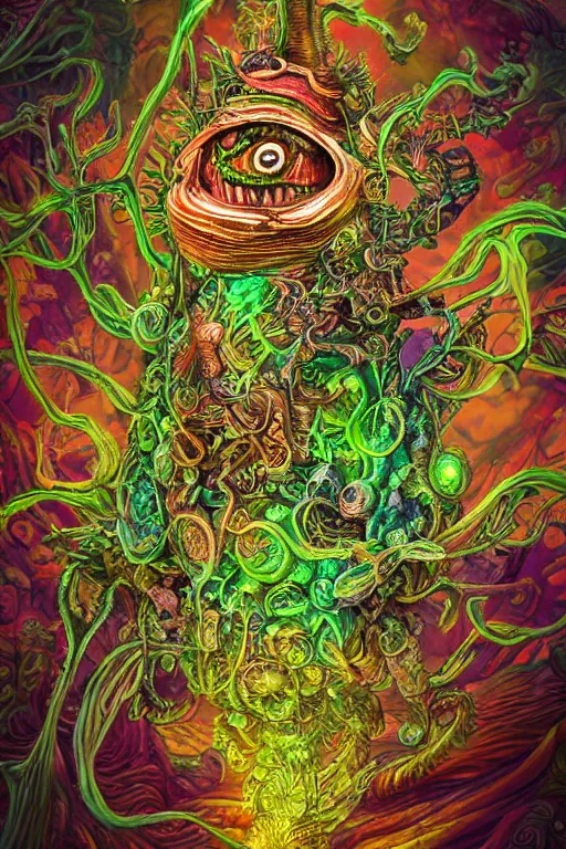 Image similar to creature sushi roots cactus elemental flush of force nature micro world fluo light deepdream a wild amazing steampunk baroque ancient alien creature, intricate detail, colorful digital painting radiating a glowing aura global illumination ray tracing