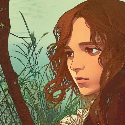 Prompt: Alicia Vikander as a teenager birdwatching, highly detailed, artstation, digital illustration, concept art, by Kyoto Animation and Studio Ghibli, by Ilya Kuvshinov and Alphonse Mucha